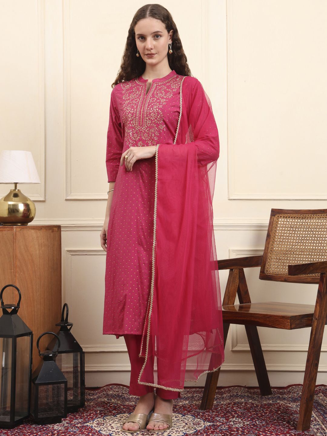 House of Pataudi Floral Embroidered Zari Anarkali Kurta With Trousers & Dupatta