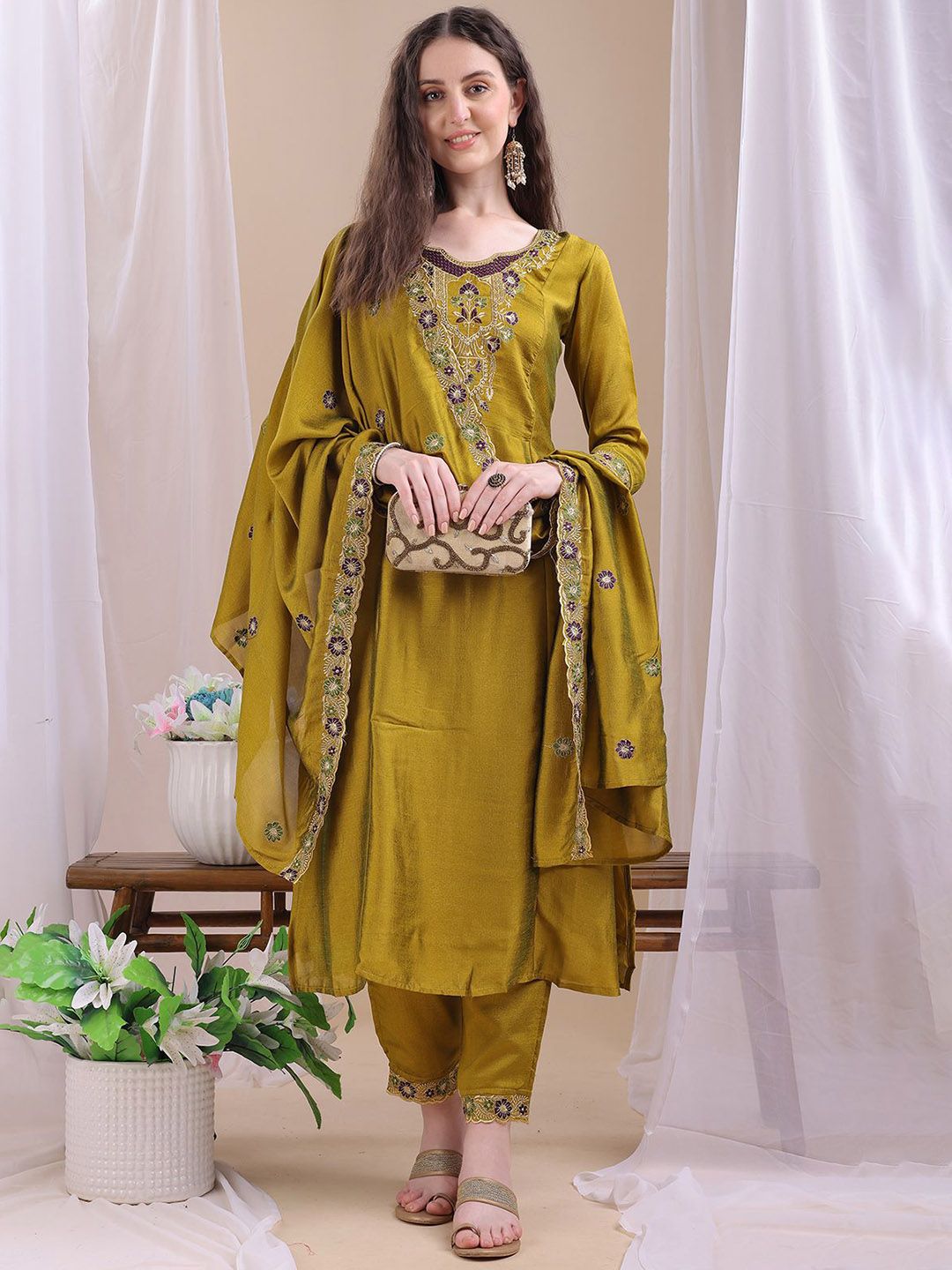 KALINI Women Ethnic Motifs Printed A-Line Kurta with Trousers & Dupatta
