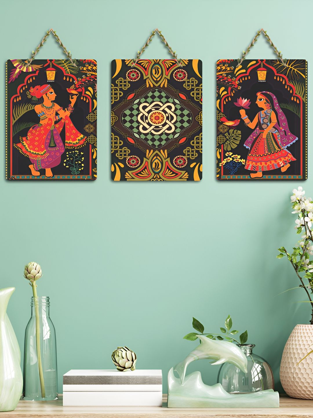ArtVibes 3-Pcs Pink & Green Madhubani Printed Wooden Wall Hanging Decor-picture-27