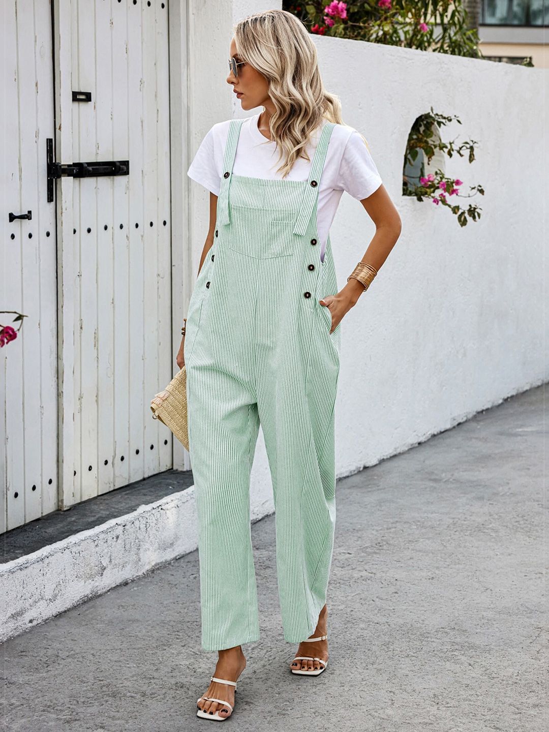 Outzidr Striped Square Neck Dungaree