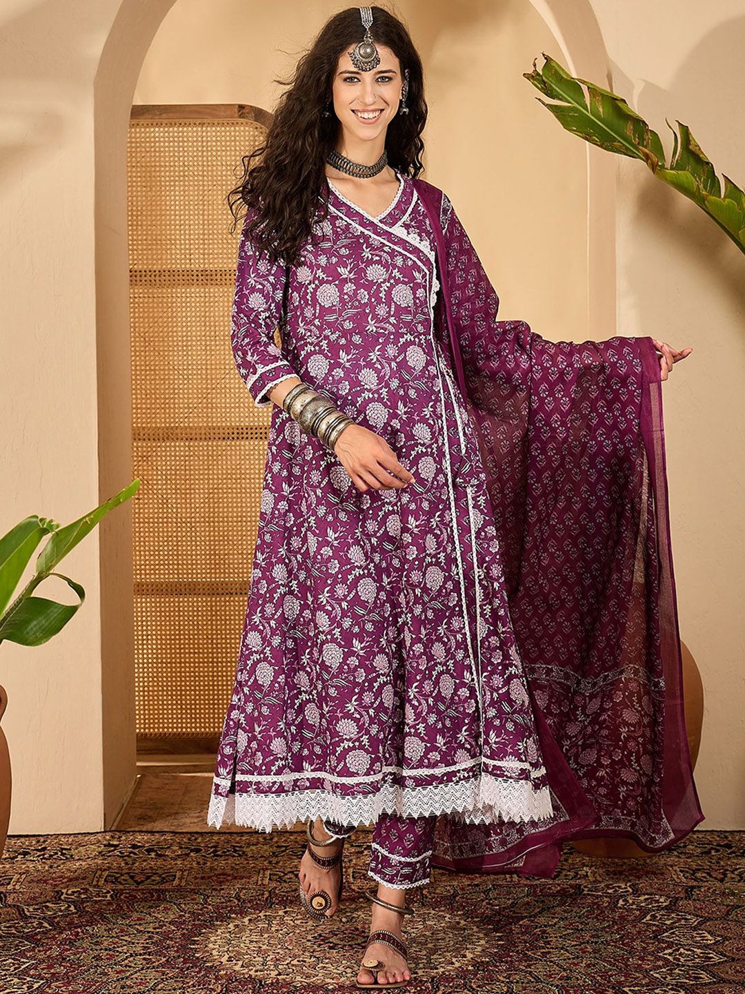 Sangria Women Ethnic Motifs Printed Cotton Anarkali Kurta with Trousers & Dupatta