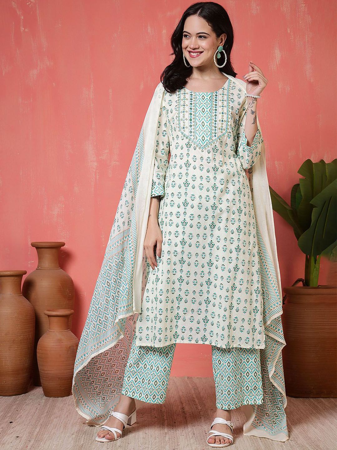 Anouk Women Embroidered Regular Thread Work Pure Cotton Kurta with Trousers & Dupatta