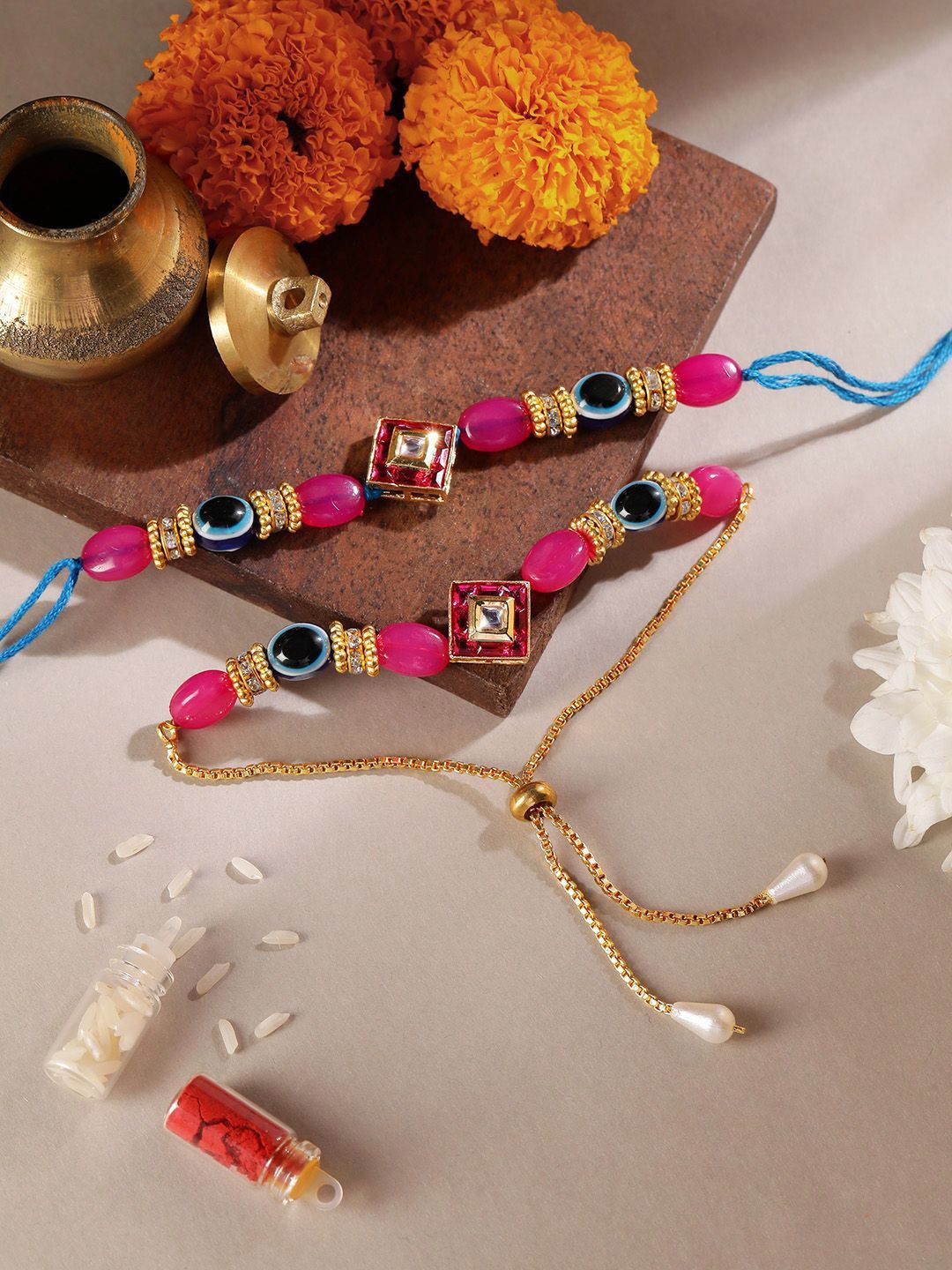 Sangria Artificial Stones & Beads Bhai Bhabhi Thread Rakhi comes with Roli & Rice-picture-47