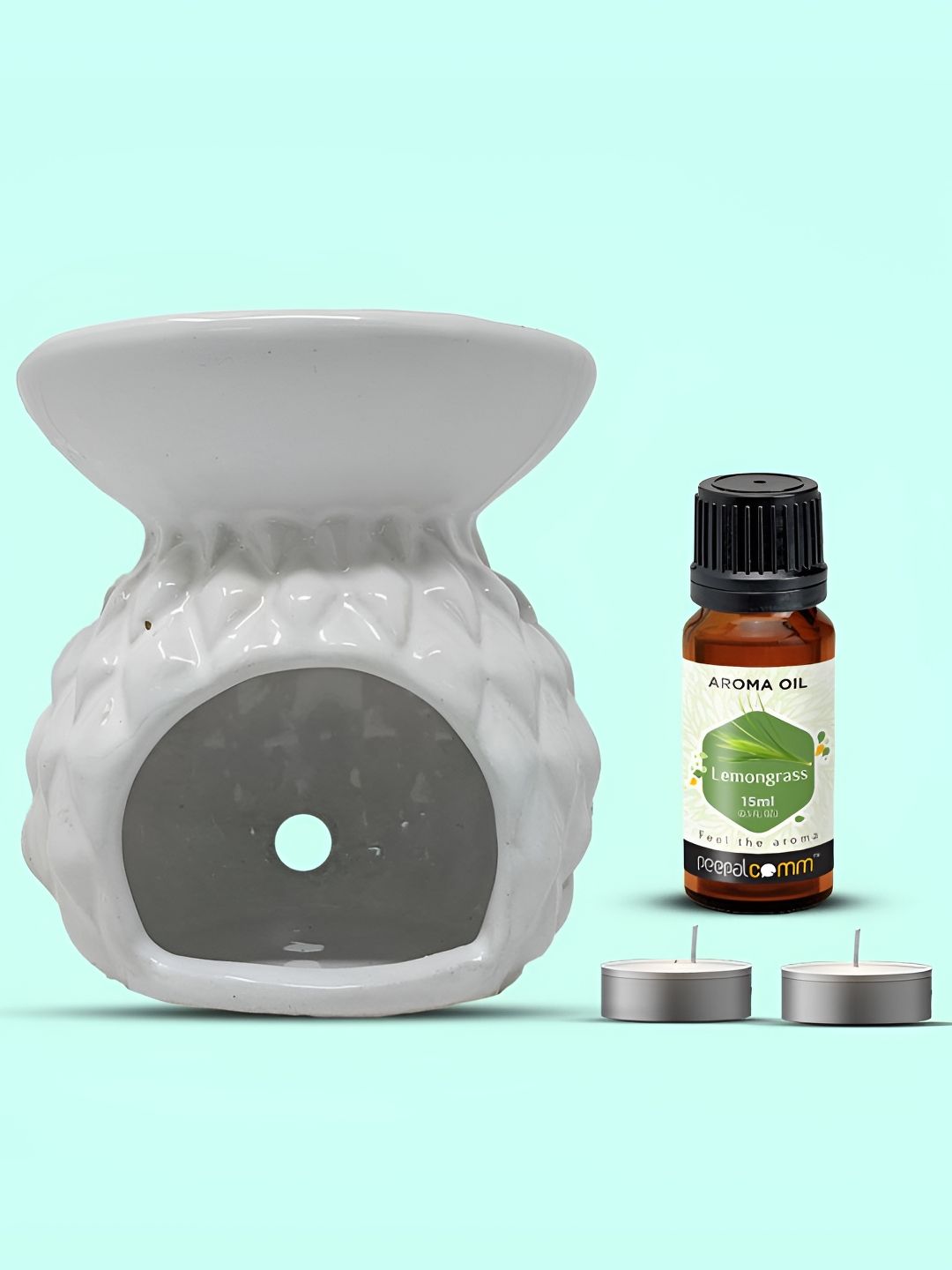 PEEPALCOMM 4Pcs White Textured Ceramic T-light Aroma Diffuser With Lemongrass Oil - 15 ml-picture-1