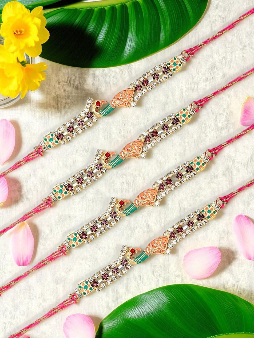 ADIVA Set Of 4 CZ Studded & Beaded Peacock Thread Rakhis With Roli Chawal & Card-picture-25