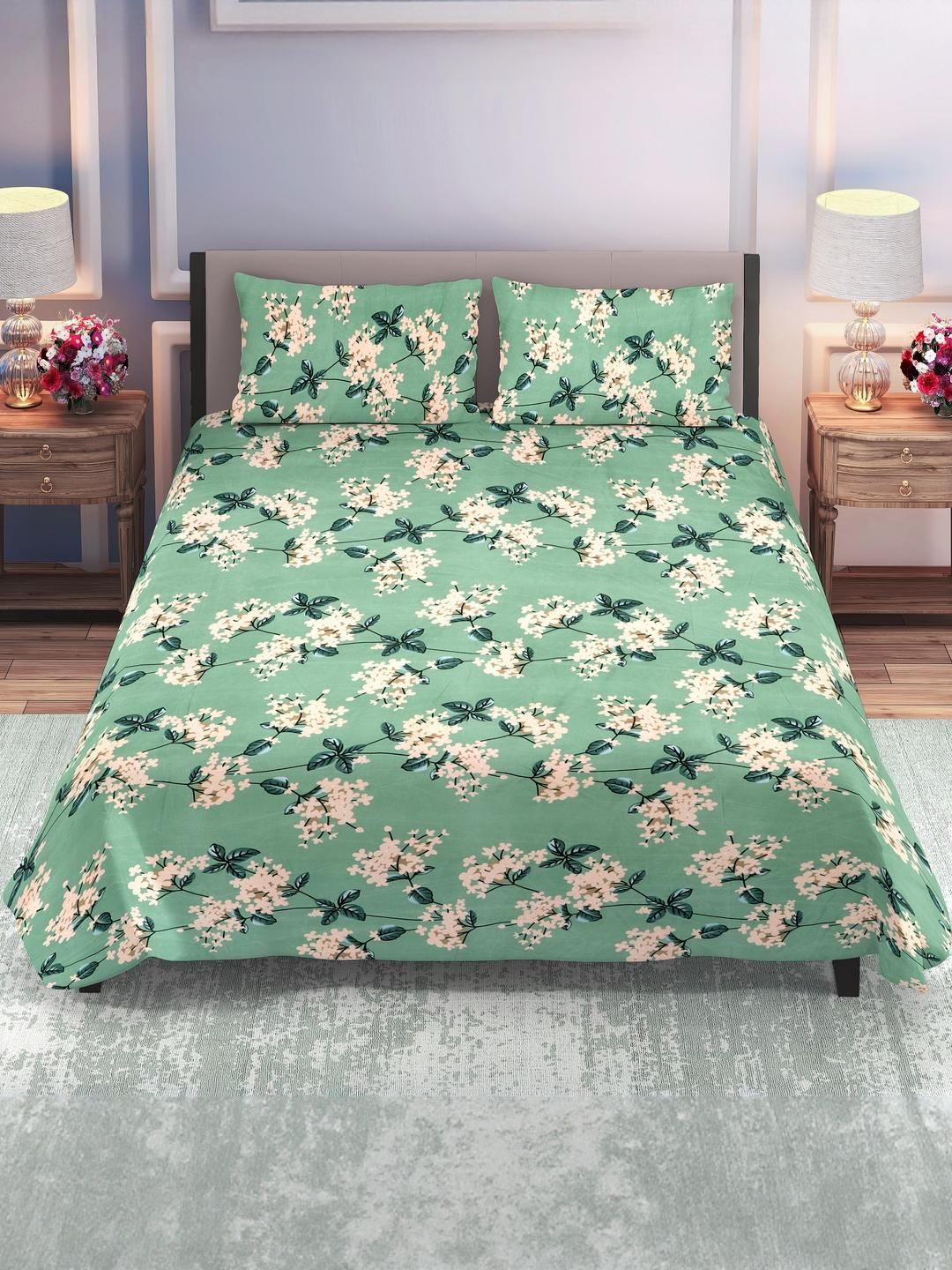 DREAM LIVING Green Floral 144 TC Queen Bedsheet with 2 Pillow Covers-image-22