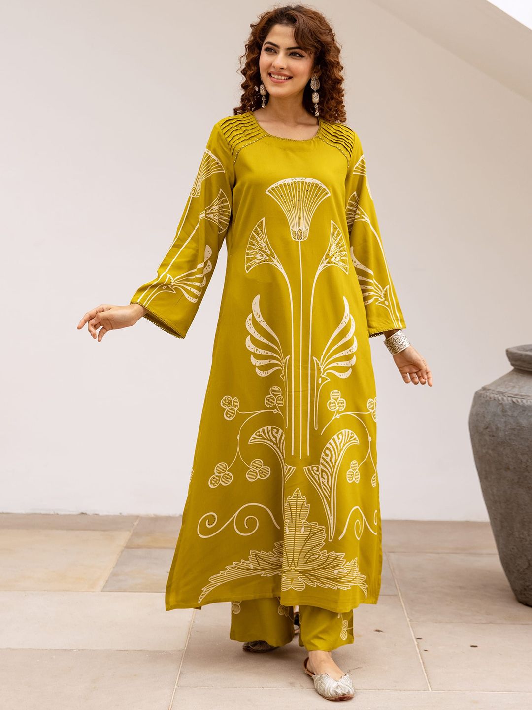 Sangria Floral Printed Round Neck Beads And Stones Straight Kurta & Palazzo-picture-24