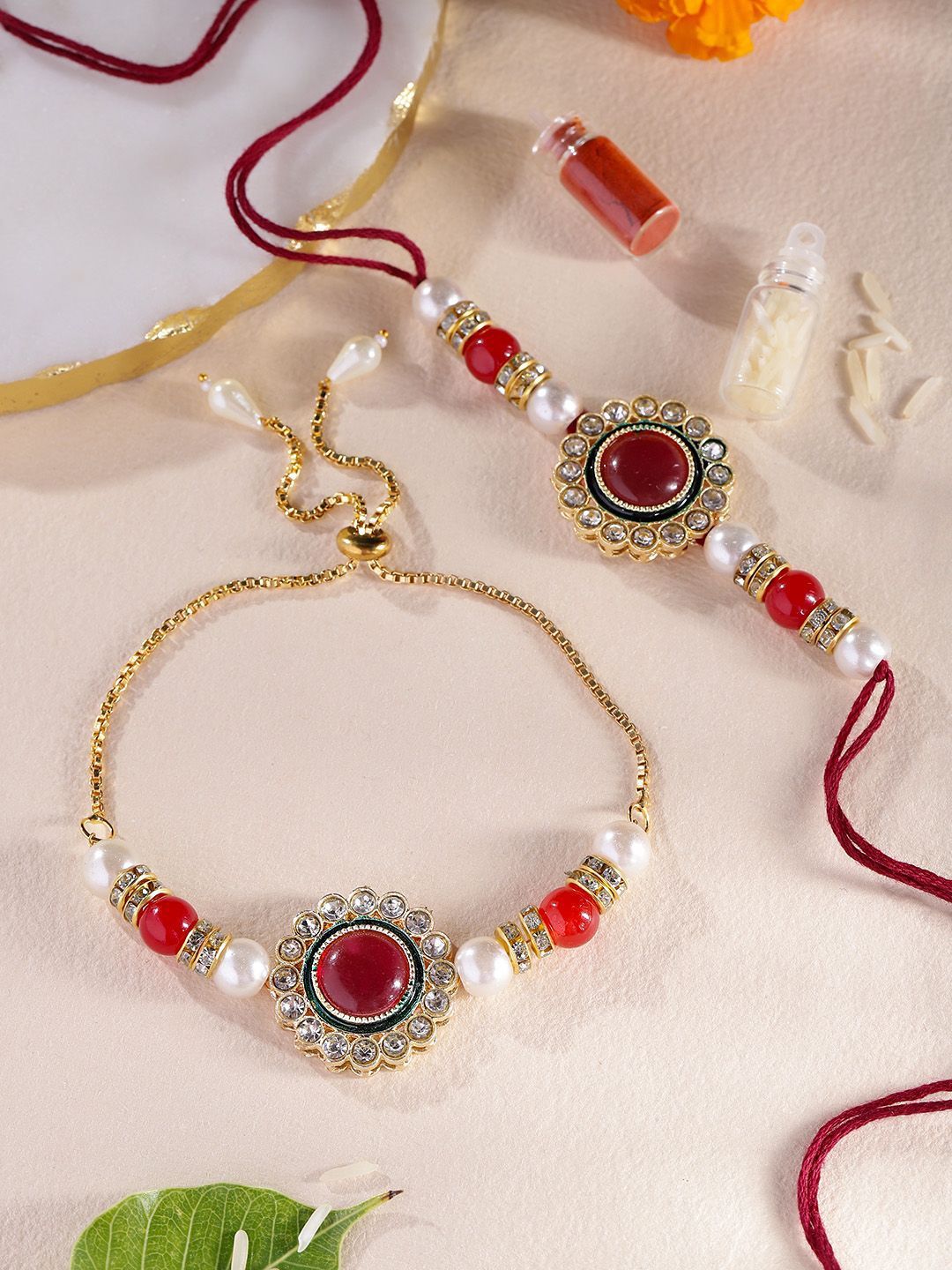 Sangria Kundan Studded & Beaded Bhai Bhabhi Thread Rakhis With Roli Chawal & GreetingsCard-picture-37