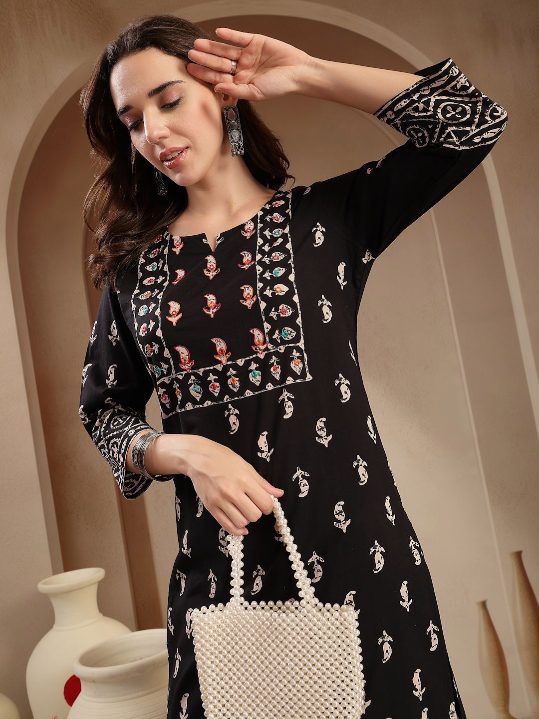 Sangria Paisley Printed Mirror Work Round Neck Pure Cotton Straight Kurta With Trousers