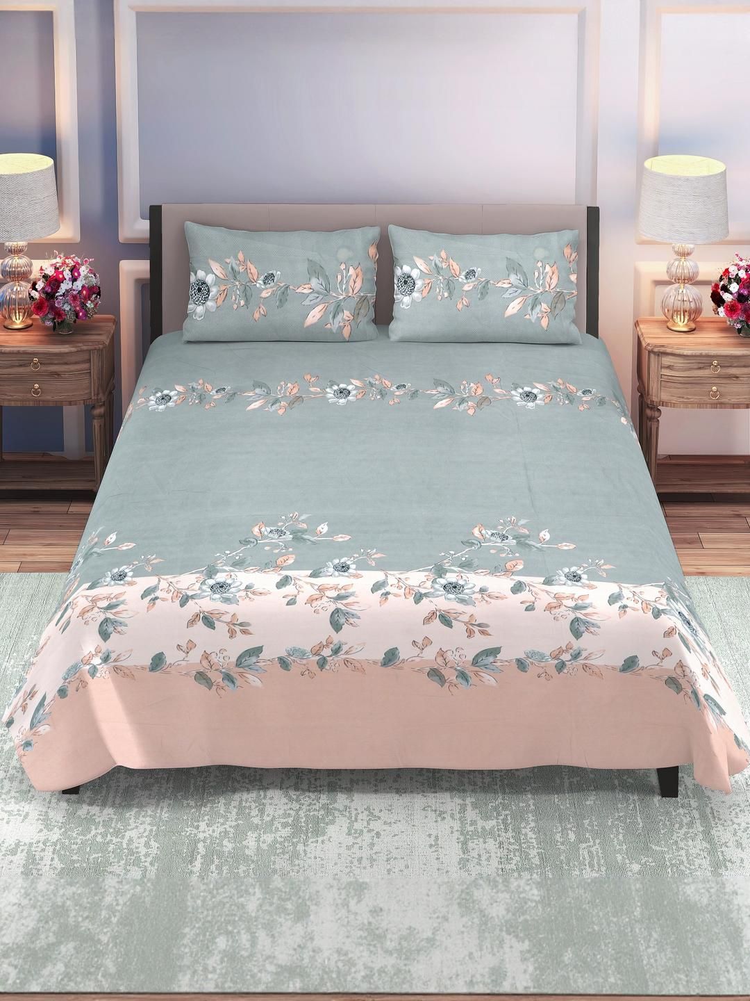 DREAM LIVING Grey & Cream-Coloured Floral 144 TC Queen Bedsheet with 2 Pillow Covers-image-19