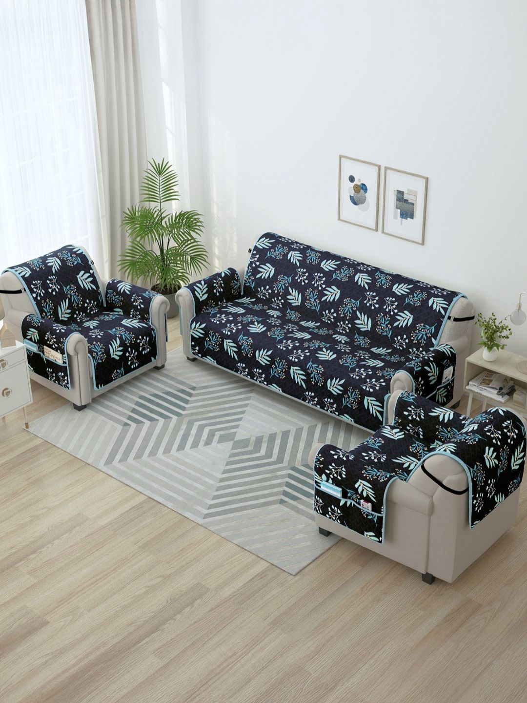 Story@home Navy Blue & Blue 3 Pieces Printed Microfiber 5 Seater Sofa Cover With Arms-image-14