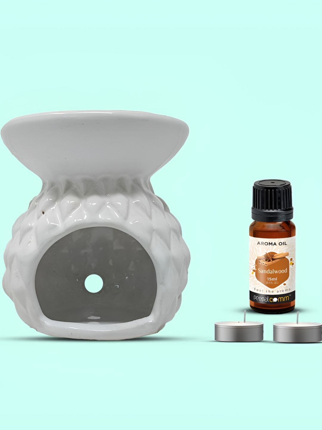 PEEPALCOMM 4Pcs White Textured Ceramic T-light Aroma Diffuser With Sandalwood Oil - 15 ml-picture-2