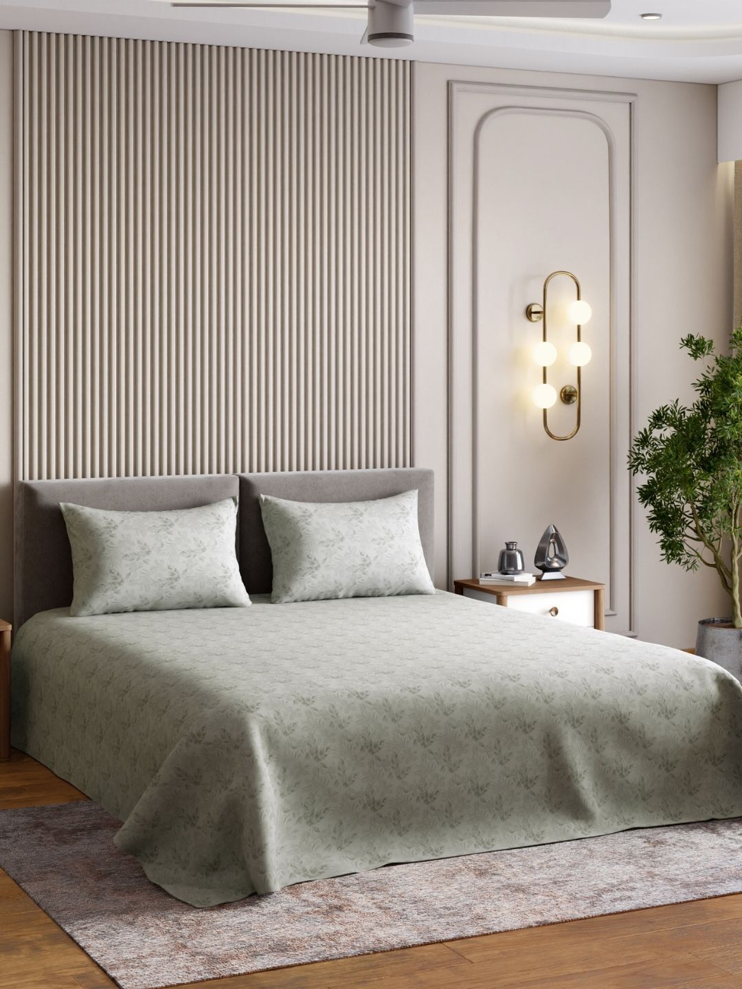 haus & kinder Green & Off White 300 TC King Bedsheet with 2 Pillow Covers-picture-26