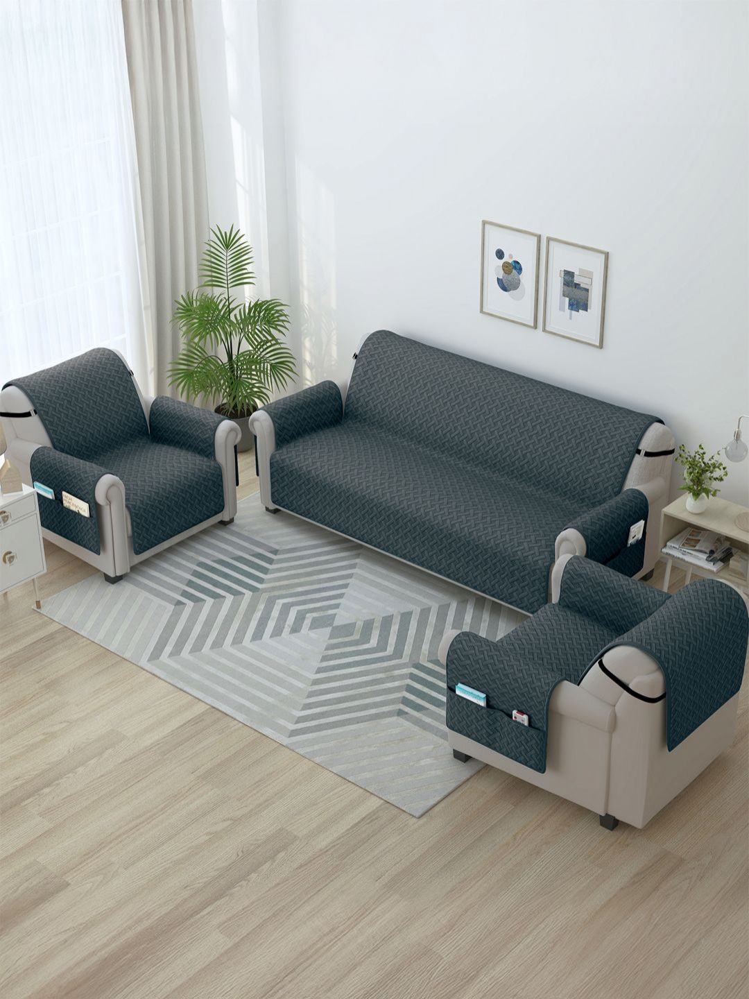 Story@home Grey 3 Pieces Microfiber 5 Seater Sofa Cover With Arms