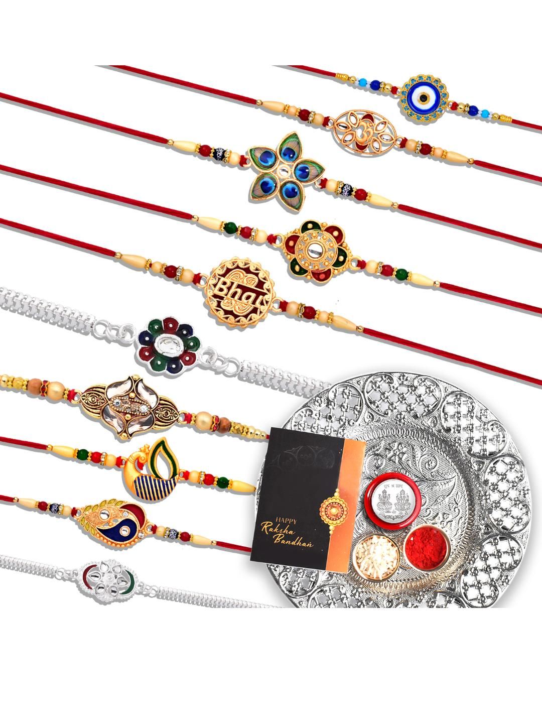 DeoDap Unisex Pack Of 12 Rakhis With Roli Chawal Coin Pooja Thali & Greeting Card-image-45