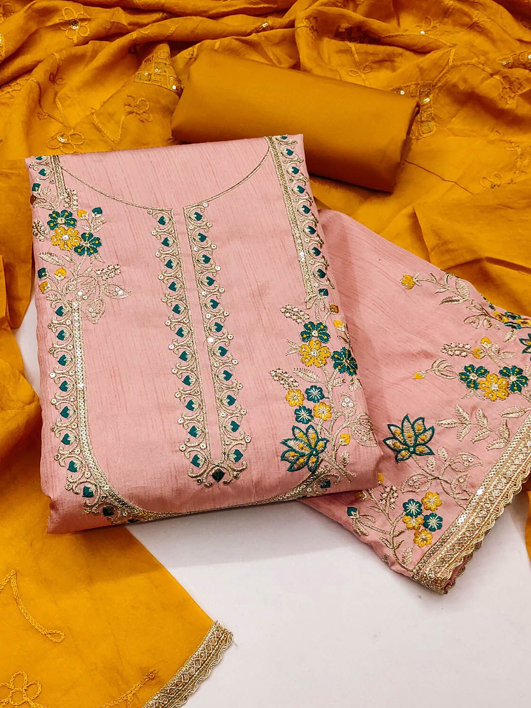 MANVAA Floral Embroidered Thread Work Unstitched Dress Material
