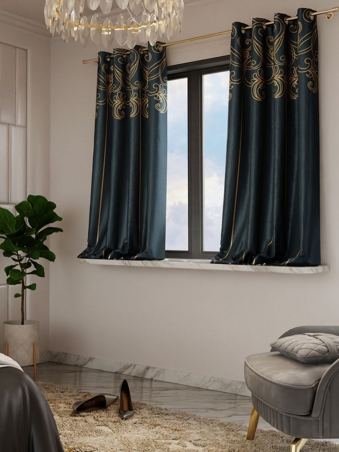 Stoa Paris Olive Green & Gold-toned 2 Pieces Ethnic Motifs Printed Window Curtains-image-44