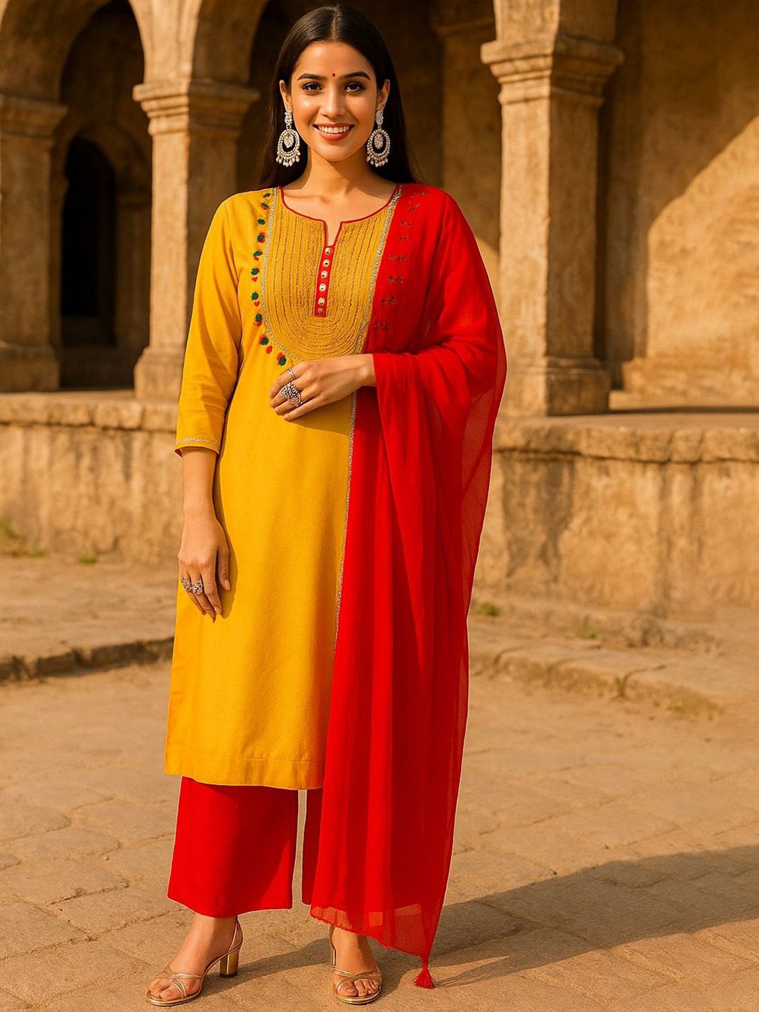 Tulsattva Floral Embroidered Thread Work Notch Neck Straight Kurta With Trousers & Dupatta
