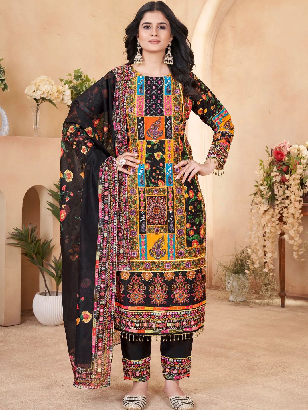 NKV Ethnic Motifs Printed Mirror Work Straight Kurta With Trousers & Dupatta