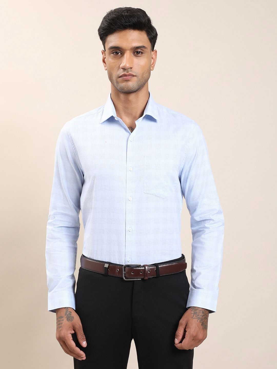 Turtle Men Standard Slim Fit Grid Tattersall Checked Spread Collar Cotton Formal Shirt-image-42