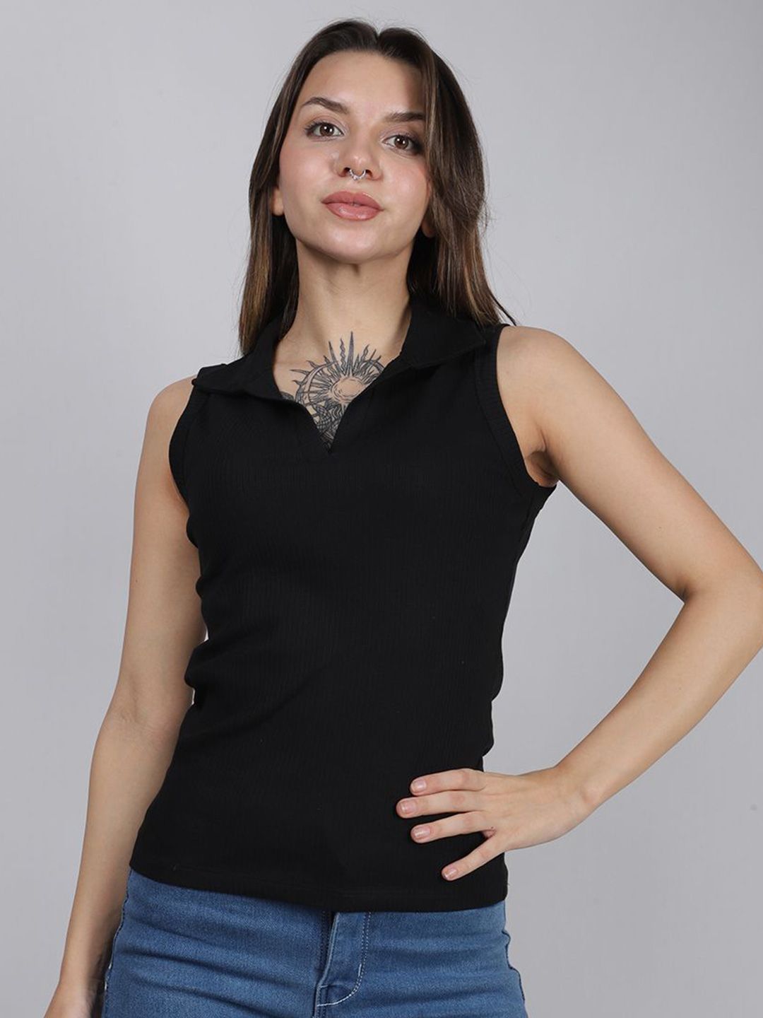 SWISHIN Women Shirt Collar Sleeveless Ribbed Fitted Top-picture-29