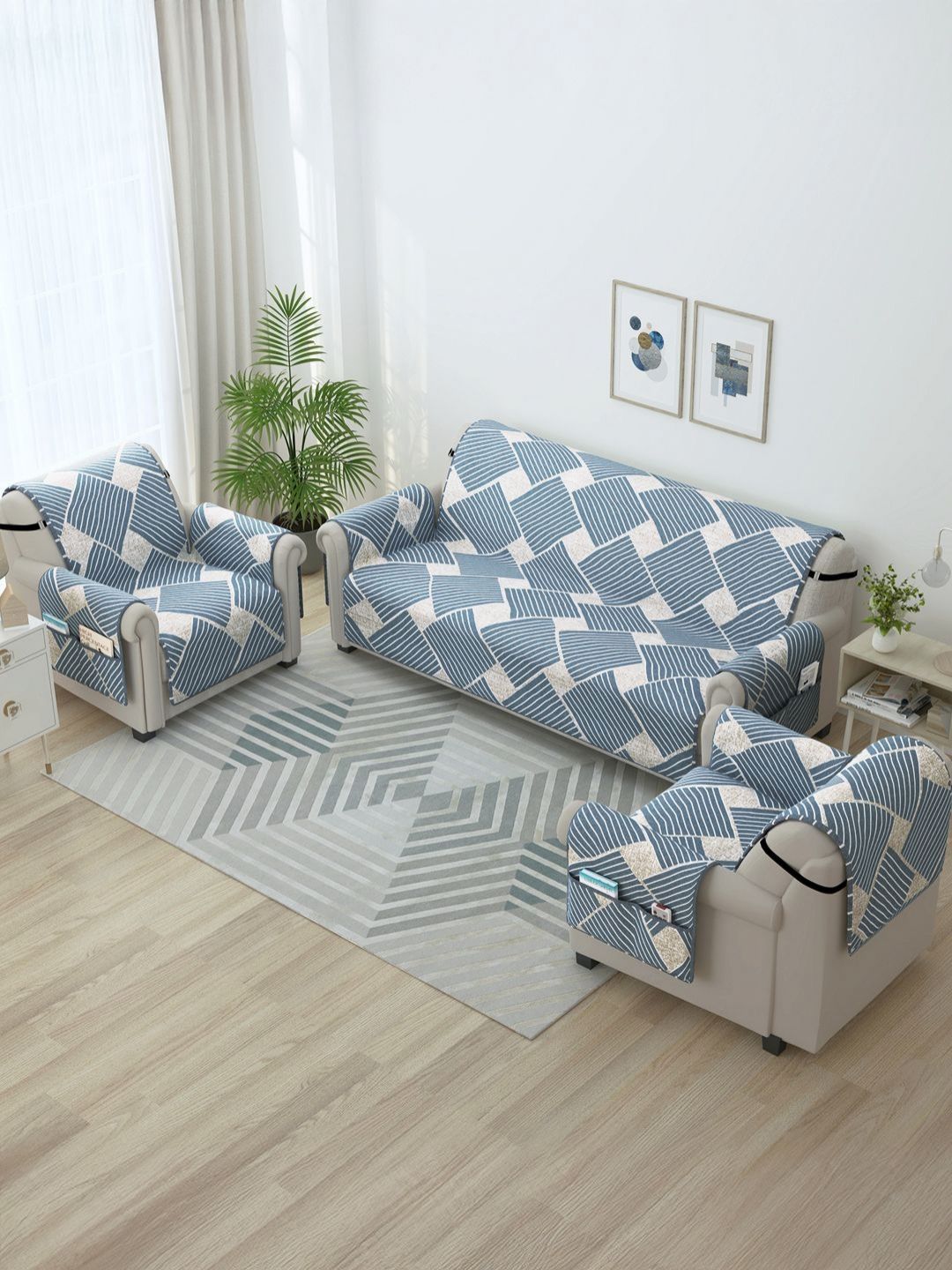Story@home Grey & Pink Printed Microfiber 3 Piece Sofa Cover With Arms-image-19