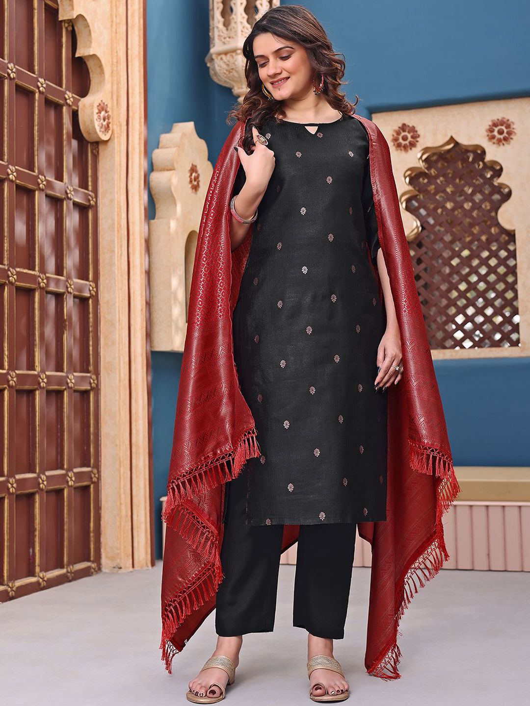 Peach Petals Woven Design Zari Printed V-Neck Chanderi Silk Kurta With Salwar & Dupatta