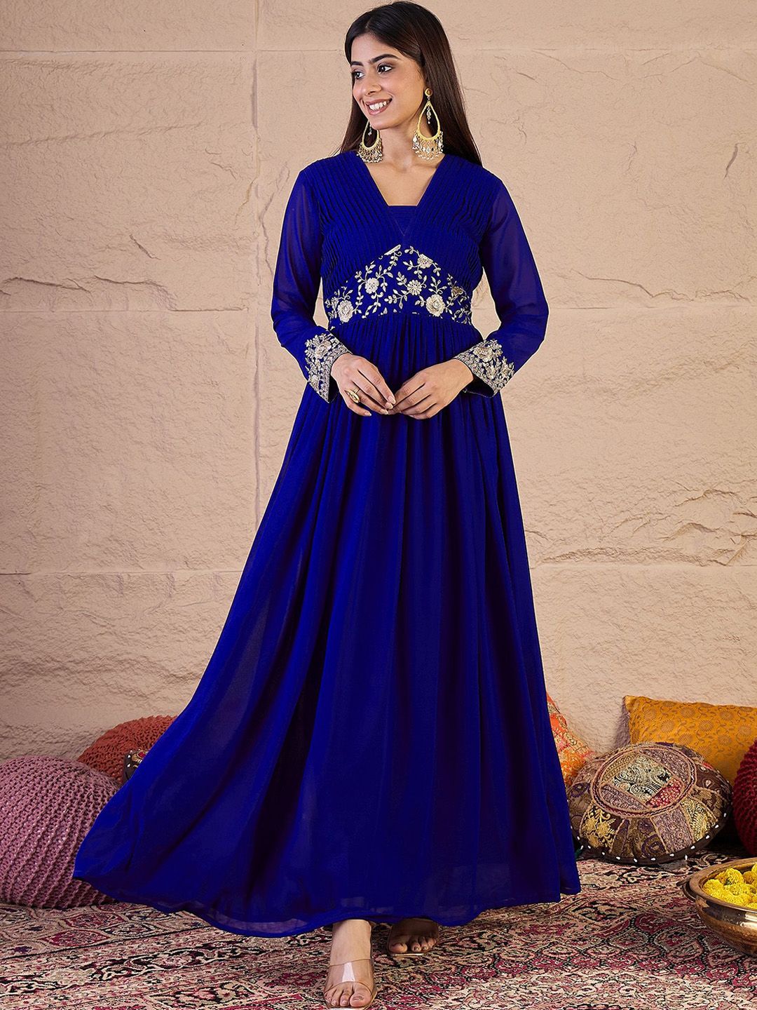 Inddus Floral Zari and Sequinned Embroidered Pleated A-Line Ethnic Dress-image-37