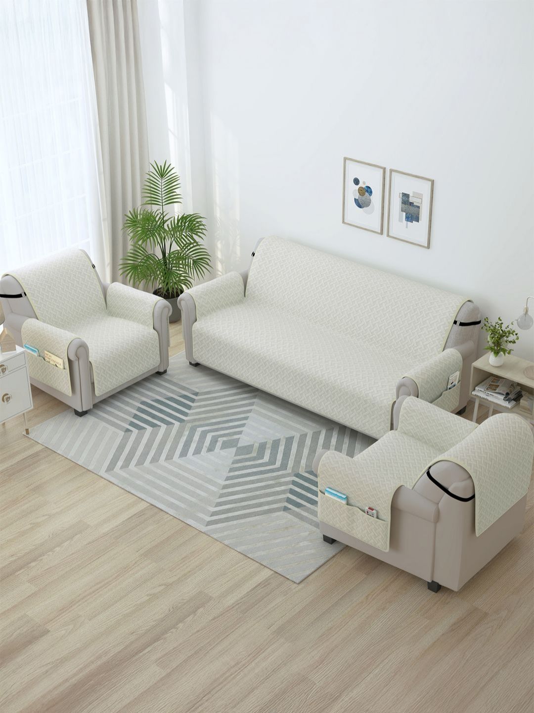 Story@home Off White 3 Pieces Microfiber 5 Seater Sofa Covers With Arms
