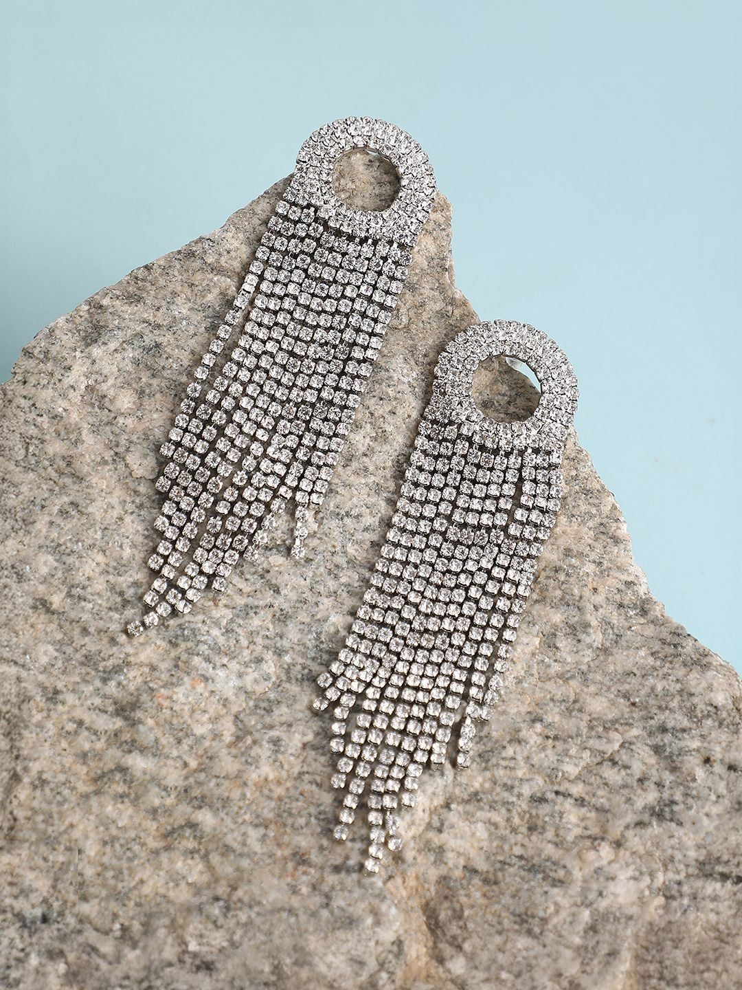 SOHI Silver-Plated Contemporary Artificial Stones Studded Drop Earrings-picture-28