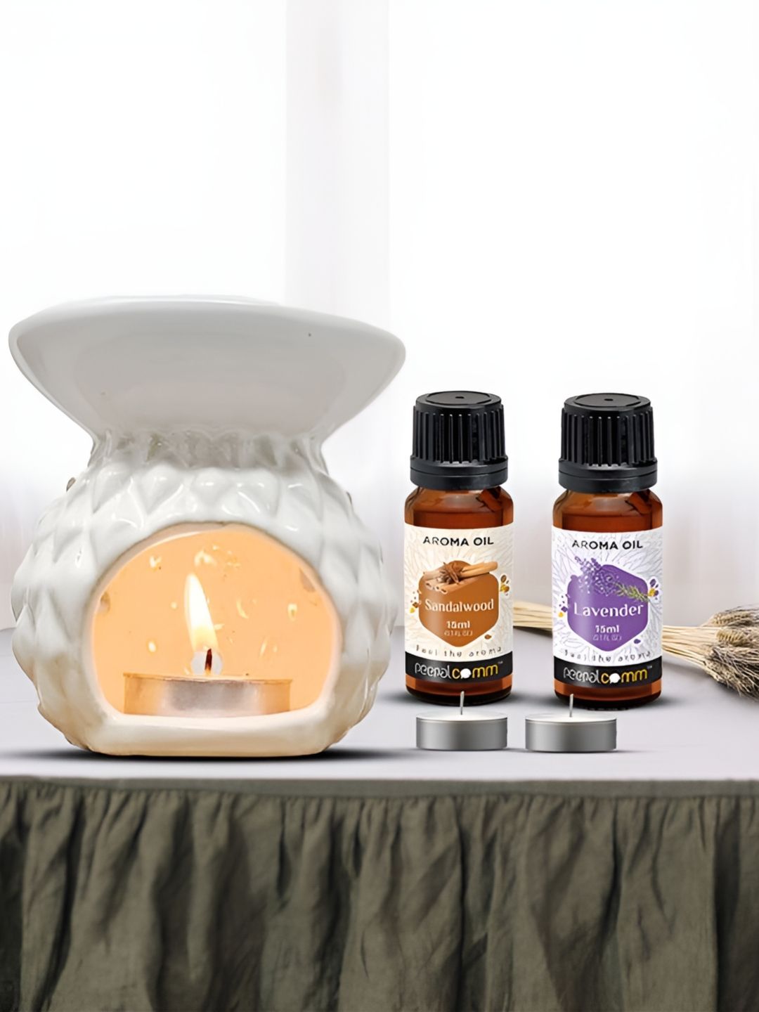 PEEPALCOMM 5-Pcs White & Brown Ceramic Diffuser With T-Light & AromaOil15ml-picture-37