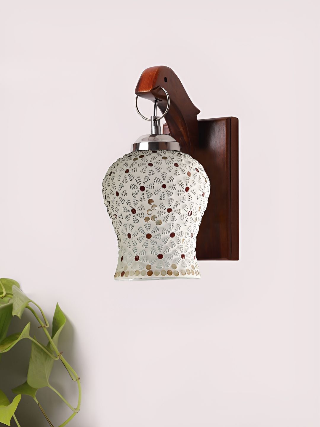 Devansh White & Red Textured Wooden Bell Shaped Wall Lamp with Mosaic glass-picture-26