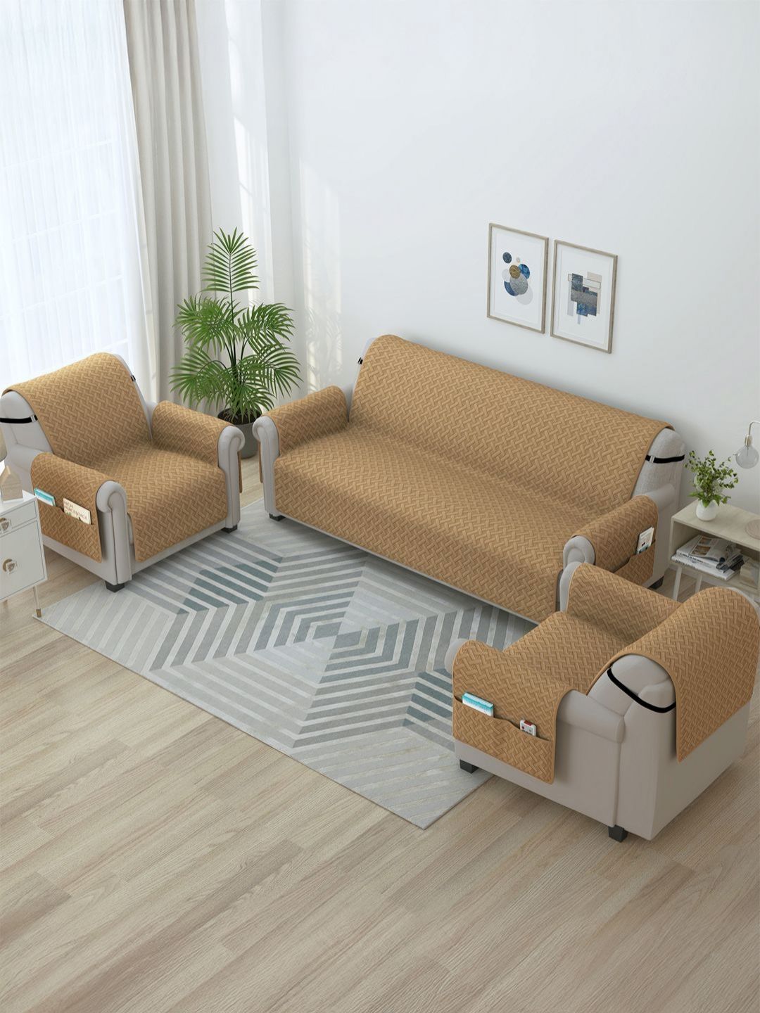 Story@home Beige Solid Microfiber 3 Piece Sofa Cover With Arms-picture-46