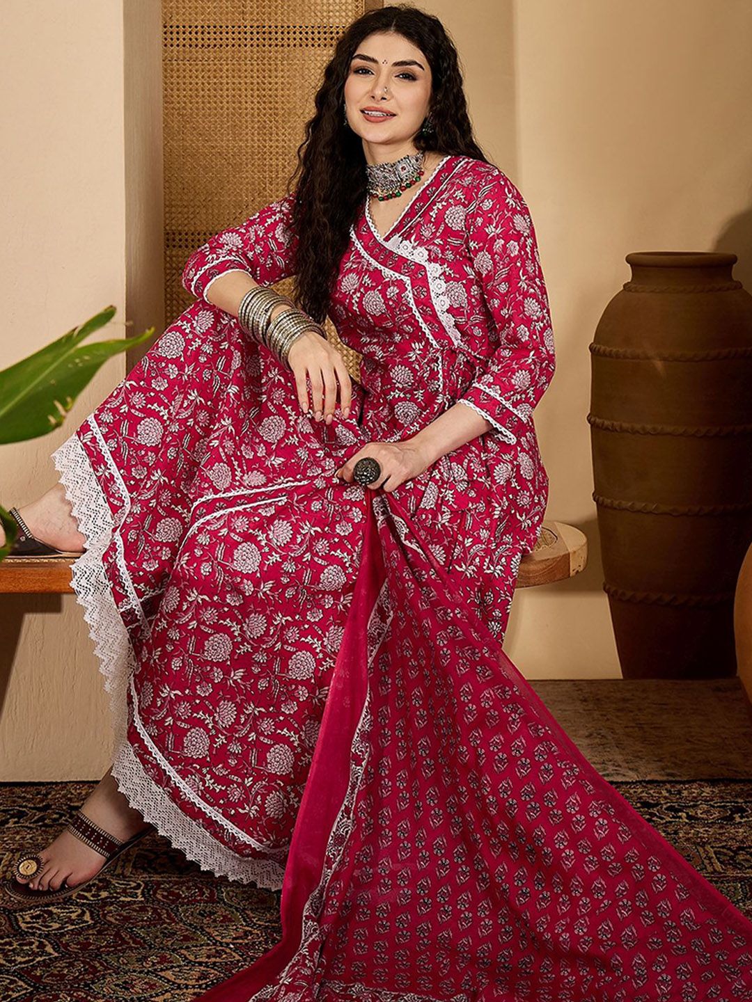 Sangria Women Floral printed Pure Cotton A-Line kurta With Trousers & Dupatta