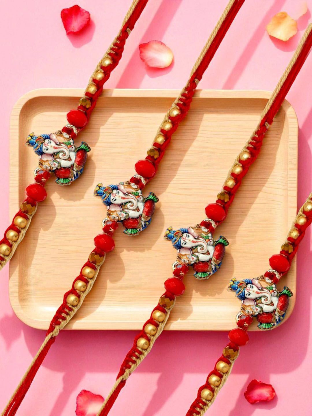 ADIVA Set of 4 Lord Ganesha Beaded Thread Rakhi With Pooja Thali Roli Chawal-picture-21