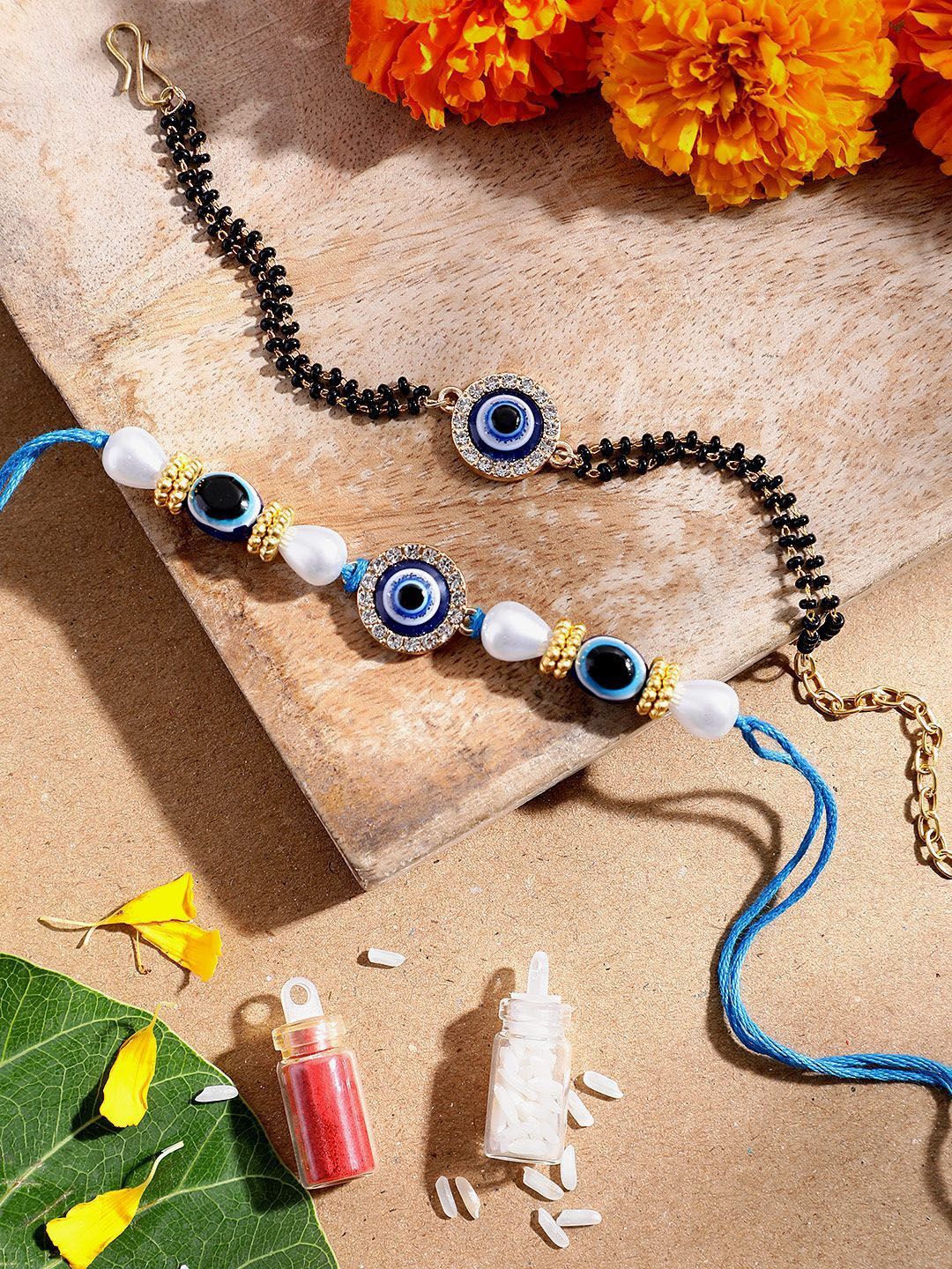 Sangria Stone Studded & Beaded Evil Eye Bhaiya Bhabhi Rakhi With Roli And Chawal-picture-46