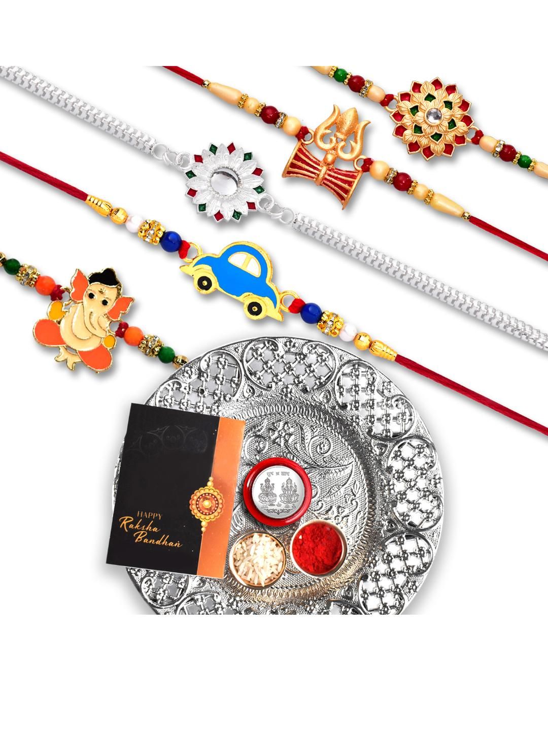Deodap Unisex Rakhi, Roli Chawal, Coin, Pooja Thali & Greeting Card Rakhi Gift Set-picture-34