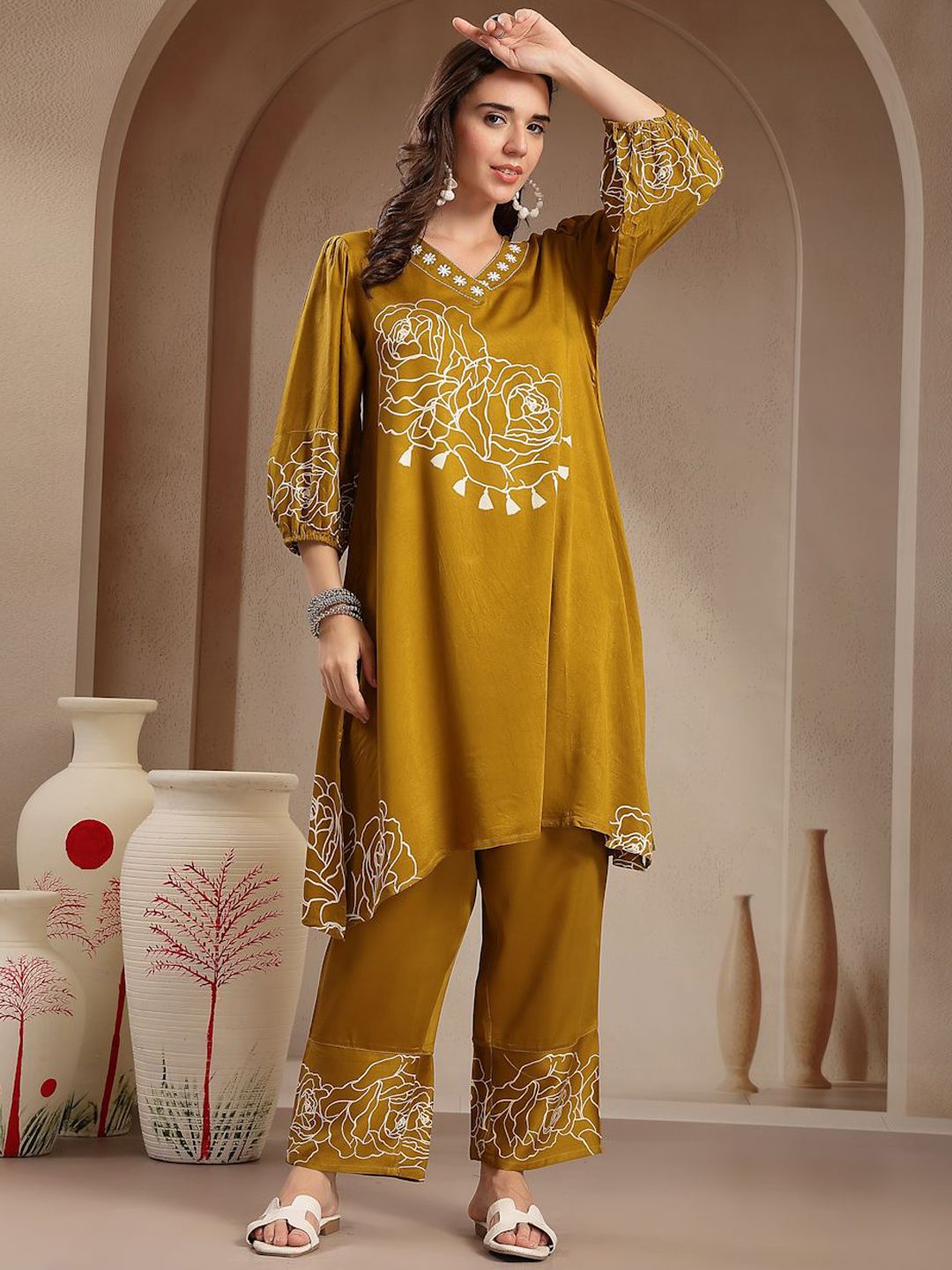 Sangria Floral Printed V-Neck A-Line Kurta With Palazzos