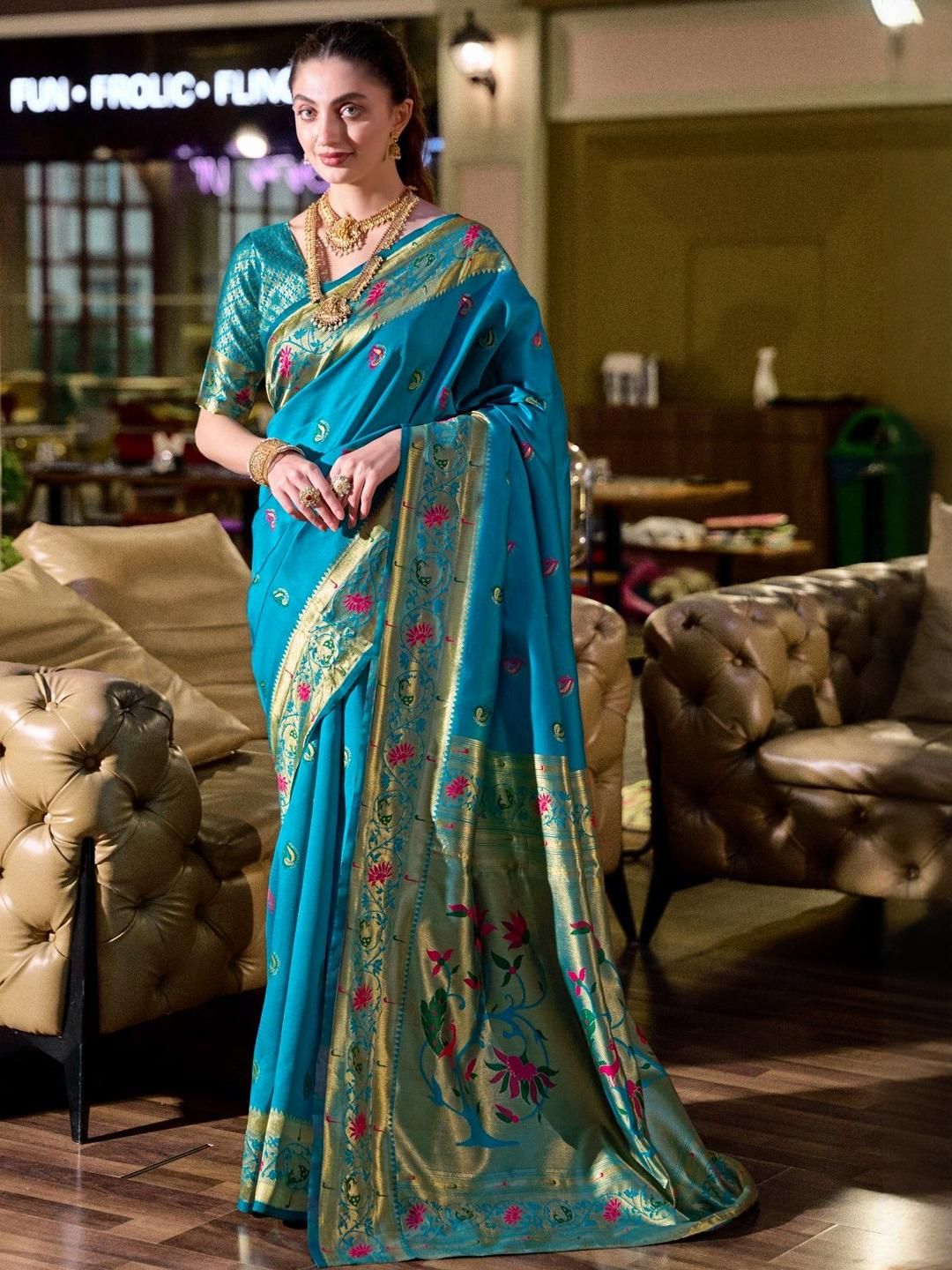 KALINI Floral Woven Design Zari Paithani Saree With Unstitched Blouse Piece-picture-27