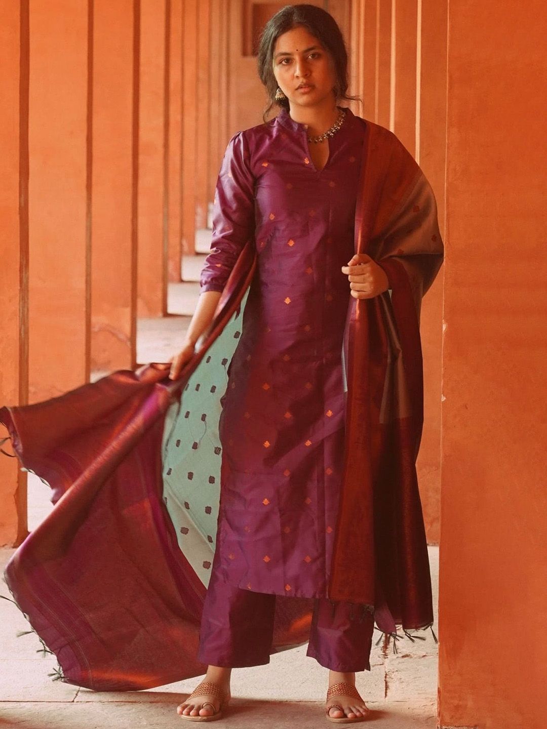 Peach Petals Woven Design Printed Mandarin Collar Pure Silk Kurta With Trousers & Dupatta