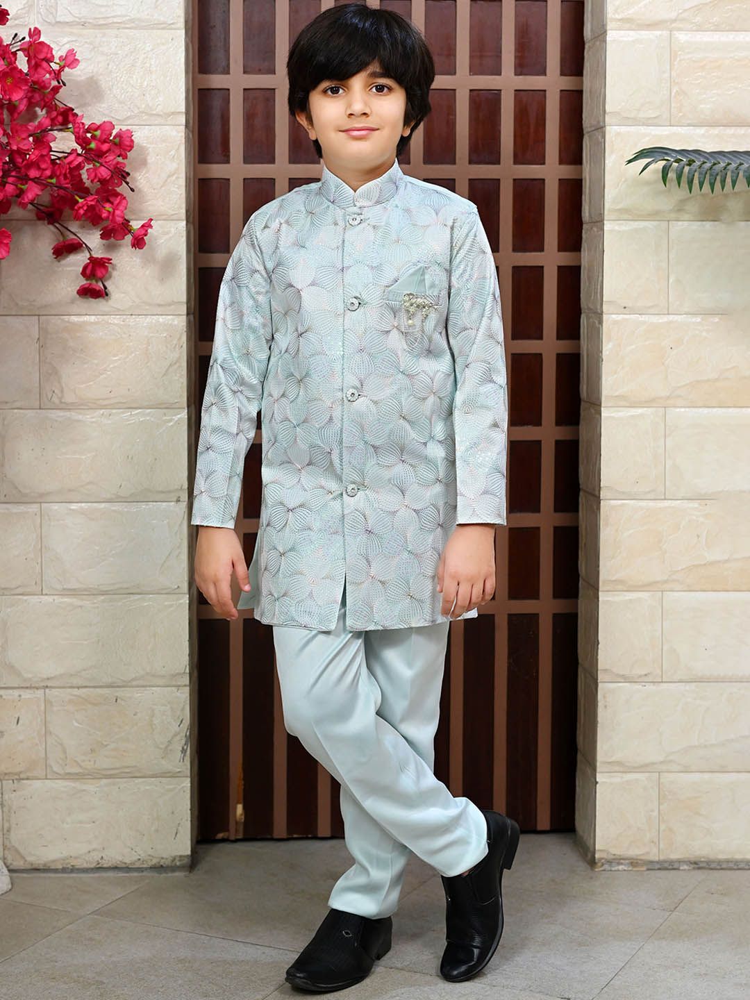 BT DEZINES Boys Floral Embroidered Sequined Sherwani Set-picture-23
