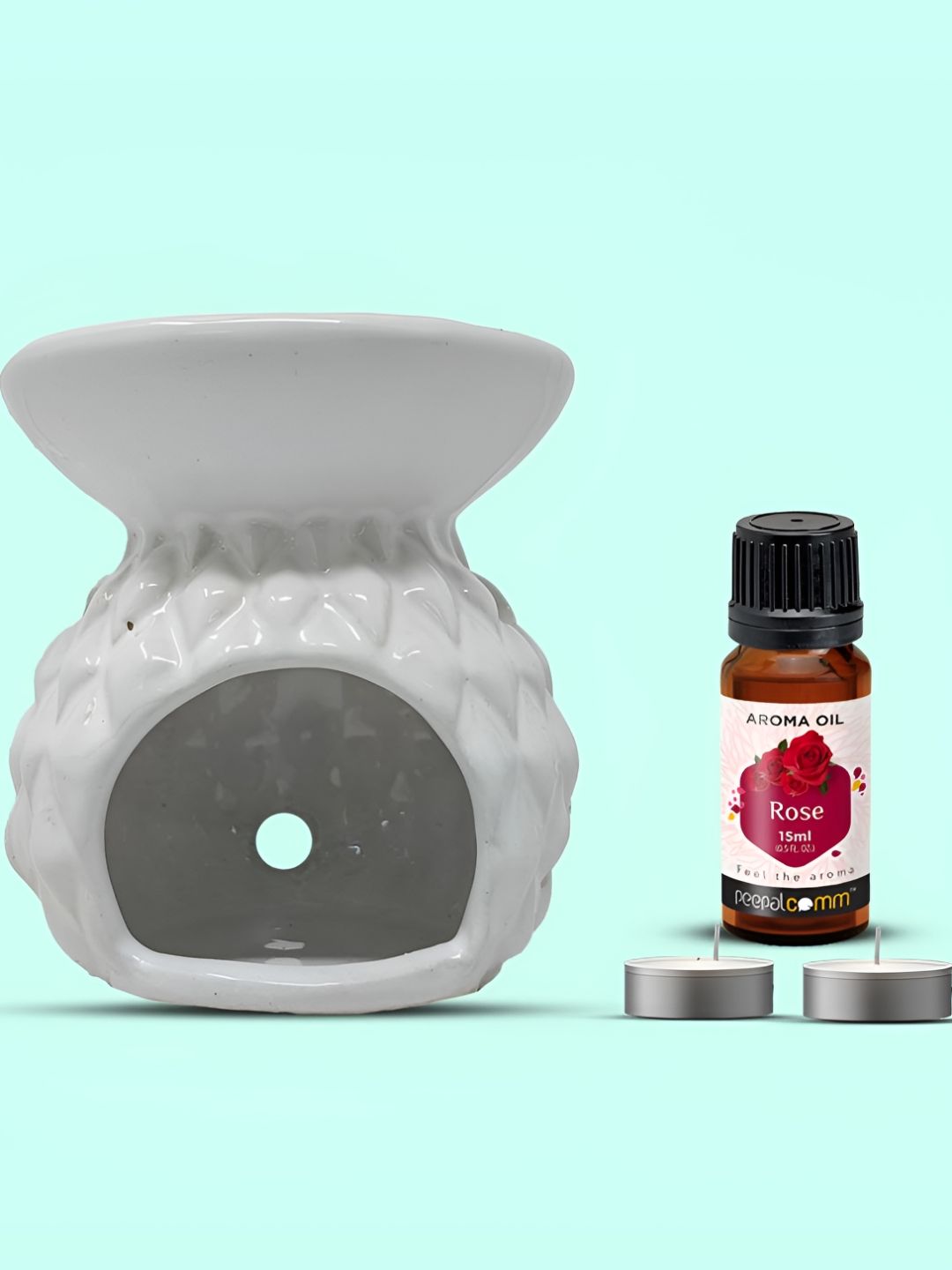 PEEPALCOMM 4Pcs White Textured Ceramic T-light Aroma Diffuser With Rose Oil - 15 ml-image-44