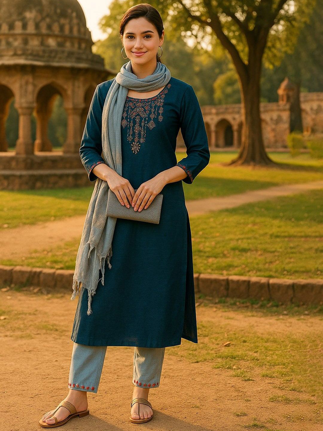 Tulsattva Women Floral Embroidered Regular Kurta & Trousers With Dupatta