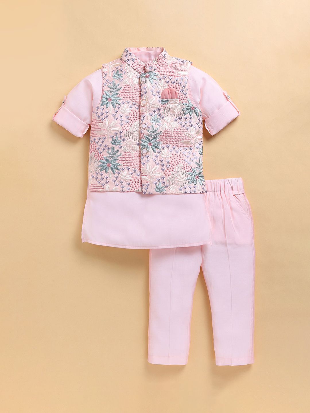 LITTLE COLLARS Boys Floral Embroidered Cotton Silk Straight Kurta With Pyjamas & Jacket-picture-11