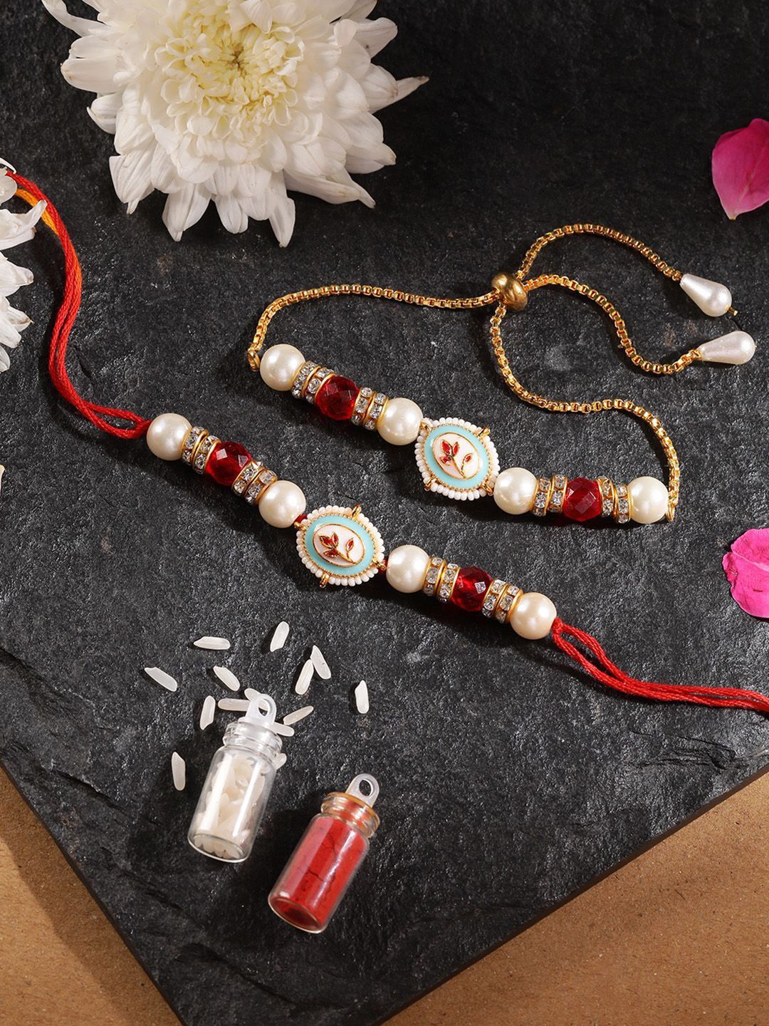 Sangria Stone Studded & Beaded Bhai Bhabhi Thread Rakhis With Roli Rice & Greeting Card-picture-58