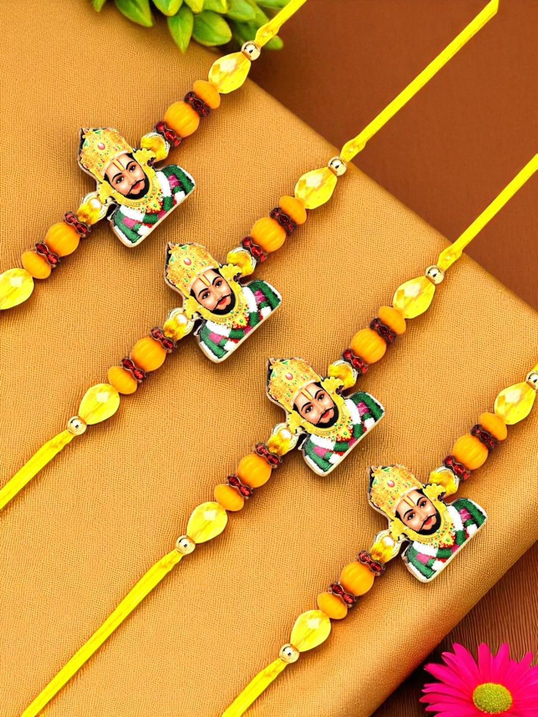 ADIVA Set Of 4 Artificial Beaded Thread Rakhis With Pooja Thali & Roli Chawal-picture-23