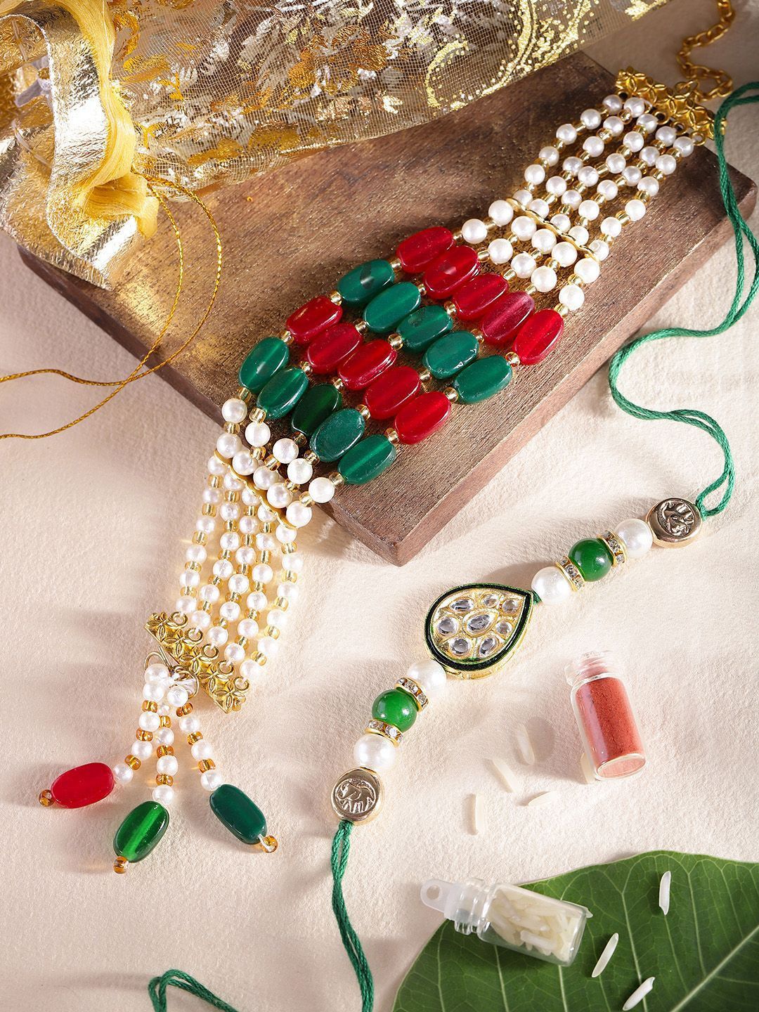 Sangria Kundan Stones & Beads Bhai Bhabhi Thread Rakhi comes with Roli & Rice-picture-33