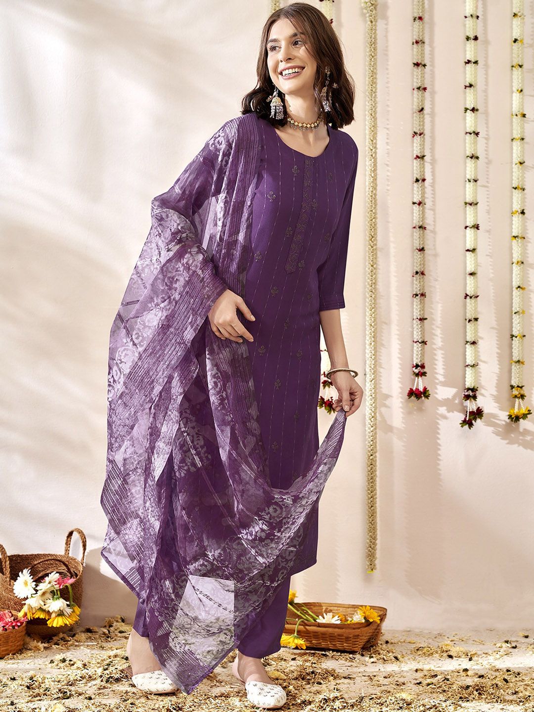 Anouk Women Ethnic Motifs Striped Kurta with Trousers & Dupatta