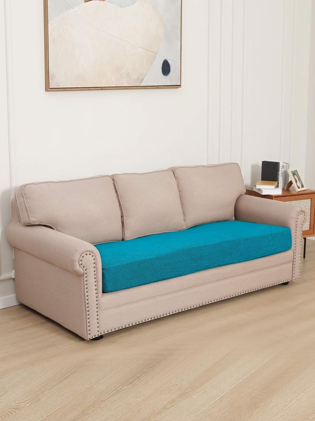 HOKIPO Teal Solid Jacquard 1 Piece Sofa Cover-picture-41