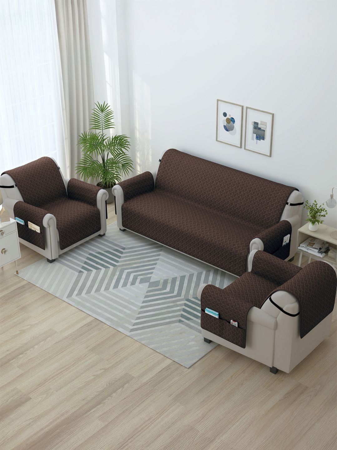 Story@home Brown Solid Microfiber 3 Piece Sofa Cover With Arms-picture-45